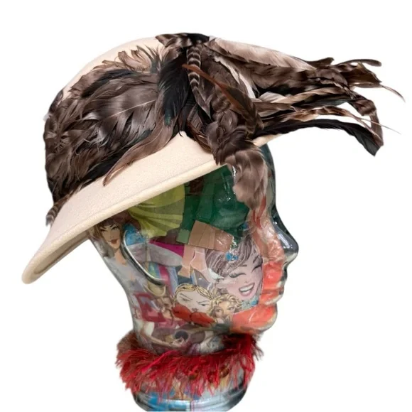 Vintage Jack McConnell Feather Hat, Cream Felt Wide Brim, Real Feathers, Rare - Picture 3 of 12